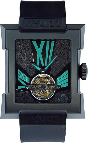 LONGIO Aamara Tourbillon Watch, Titanium DLC Case, Black Dial with Green Turquoise Roman Numerals, Mechanical Central Tourbillon Movement with Natural Rubber Strap