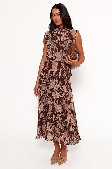 Petal & Pup Women's Delphine Long Dress - Brown Floral Pattern