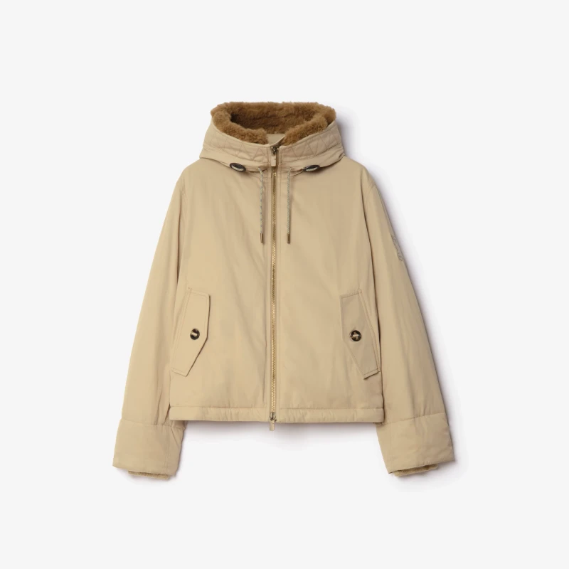 sheepskin-trimmed gabardine hooded coat